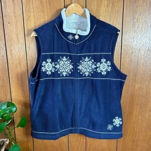 Croft & Barrow Navy‎ Blue Fleece Vest Snowflake Print Sherpa Lined PXL